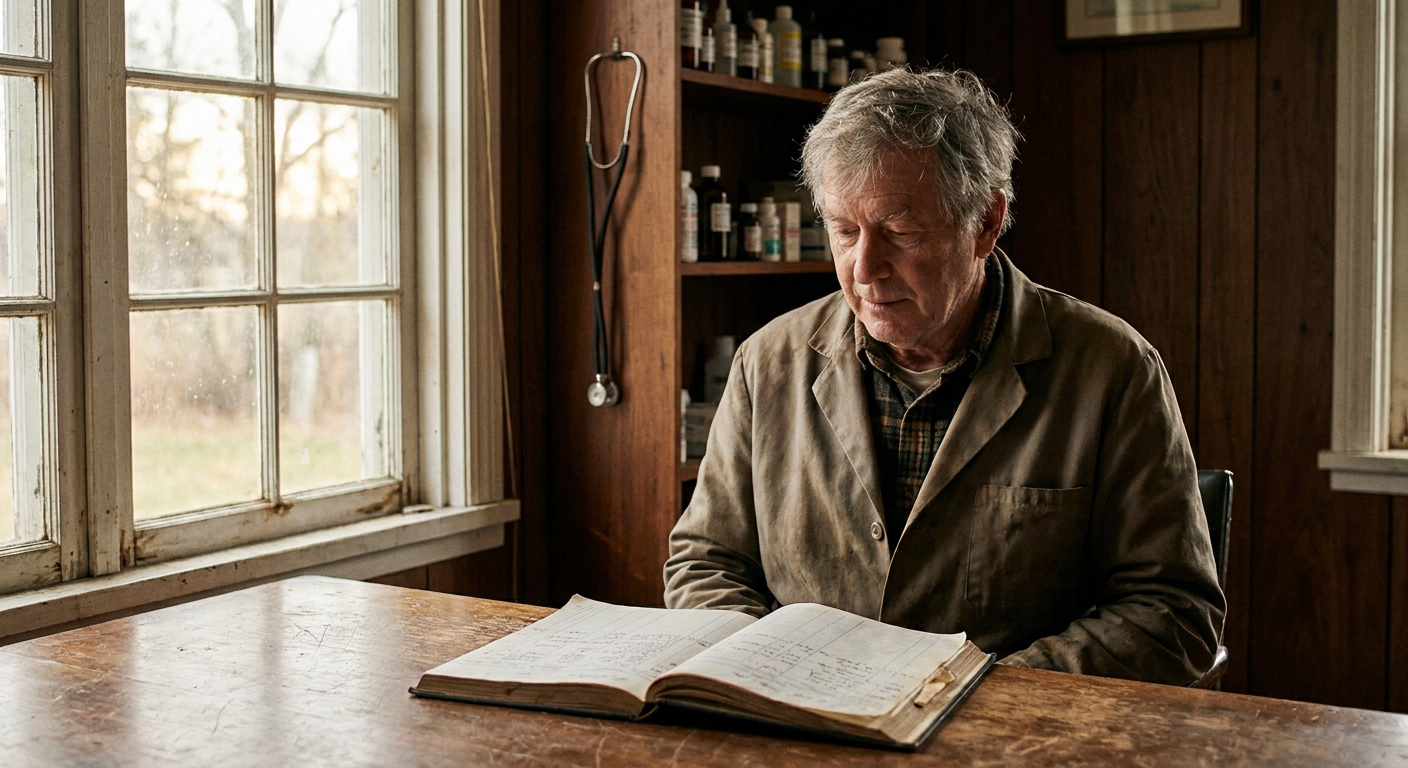 A male veterinarian in his early sixties in a worn lab coat at a plain wooden desk in a small rural…