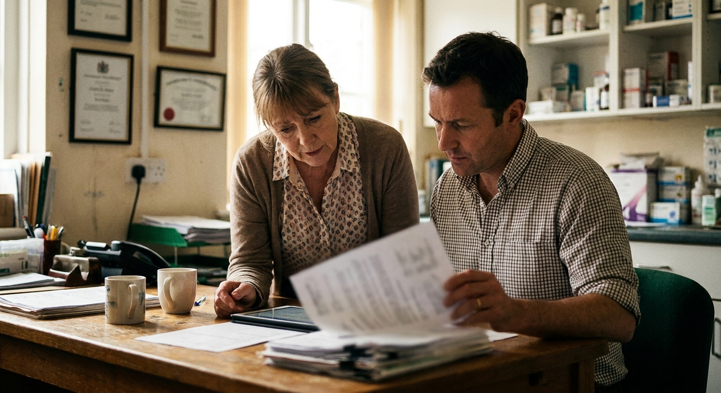 A veterinarian (a woman in her fifties in business-casual) across a worktable from a sell-side advisor (a man in…