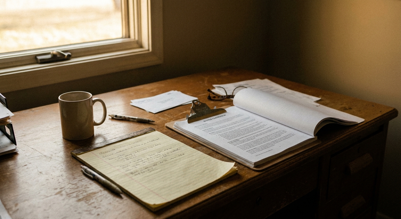 Close-up of a desk with a printed multi-page buyer overview, a legal pad with a short handwritten question list…