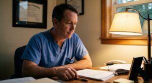 A male veterinarian in his late forties in scrubs at a practice office desk in the evening, looking DOWN at a…
