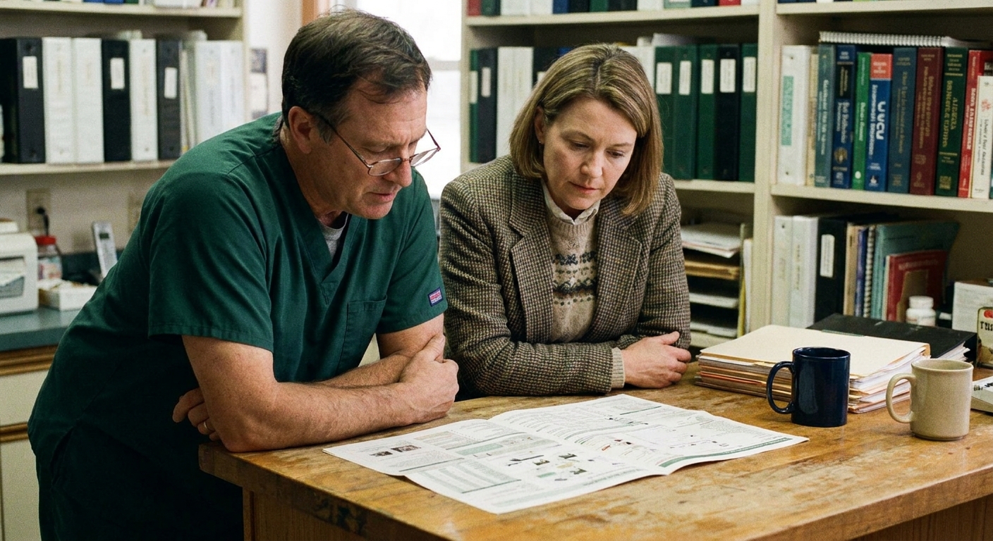 An owner veterinarian (a man in his fifties in scrubs) and a prospective partner-group representative (a woman in…