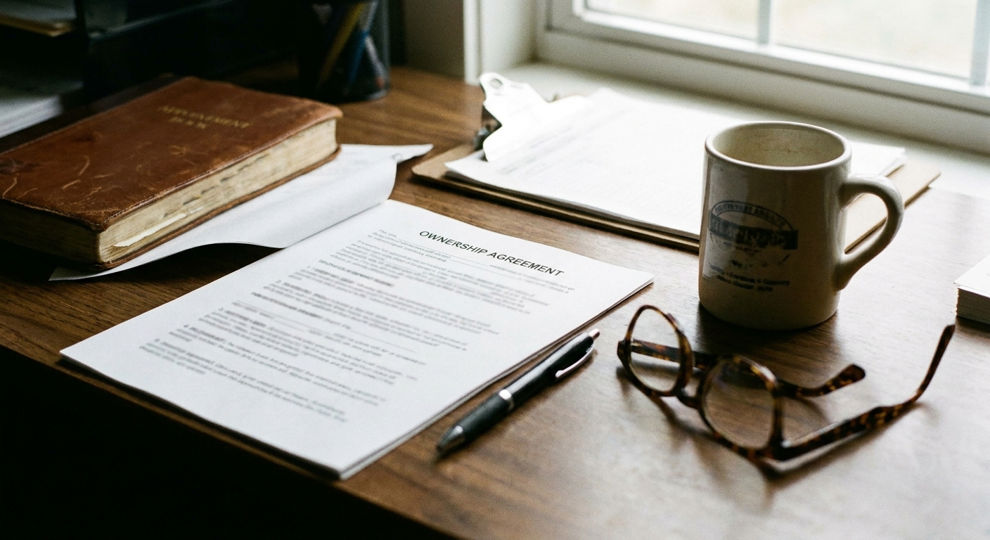 Close-up of a desk with a printed ownership-structure document, a pen laid across it, reading glasses, and a…