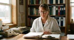 A woman veterinarian in her early fifties in a lab coat at a quiet office desk, looking DOWN at a printed…