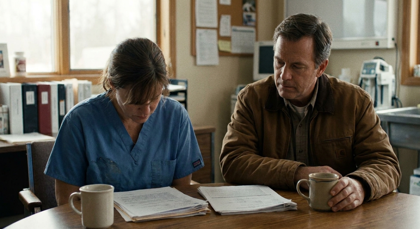 A veterinarian (a woman in her forties in scrubs) seated with a sell-side advisor (a man in his fifties in…