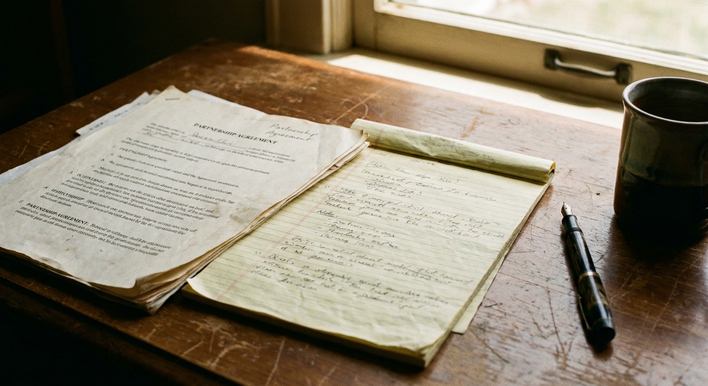 Close-up of a desk with a printed partnership document, a legal pad of handwritten notes (illegible), a fountain…