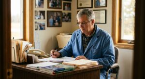 A male veterinarian in his early sixties in a worn lab coat at his practice desk, looking DOWN at a printed…