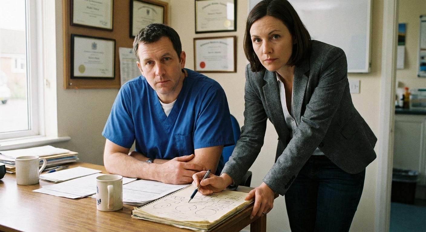 A veterinarian (a man in his fifties in scrubs) and a sell-side advisor (a woman in her forties in…