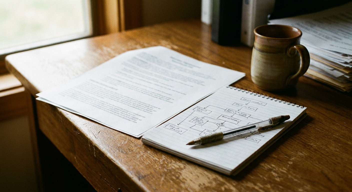 Close-up of a desk with a printed multi-page ownership overview, a notepad showing a simple hand-drawn hierarchy…