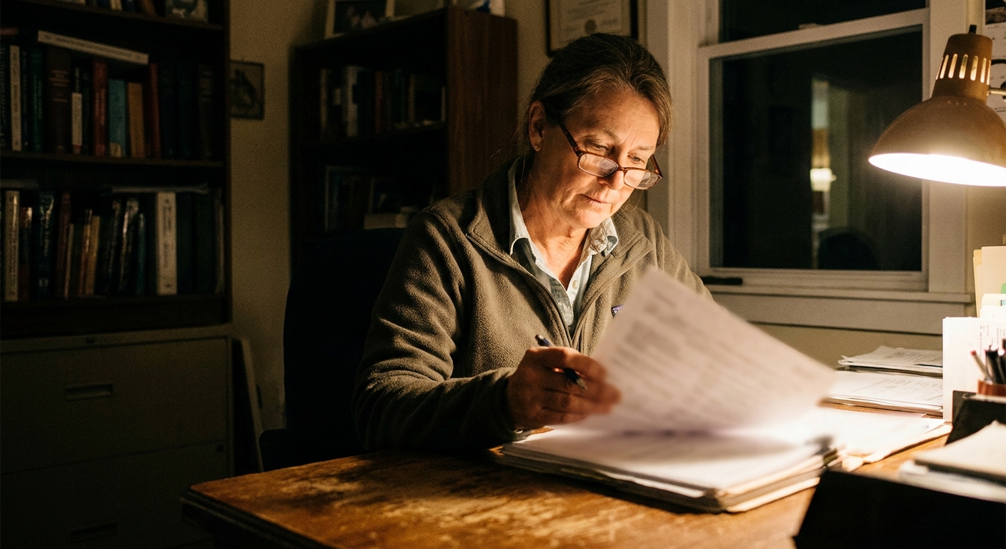 A woman veterinarian in her fifties in business-casual at an office desk in the evening, looking DOWN at a printed…