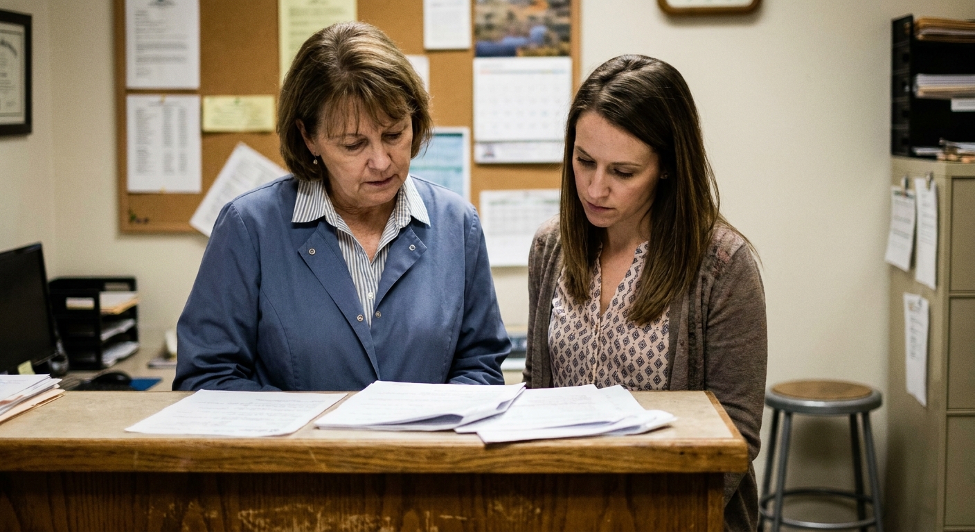 Dentist reviewing practice documents