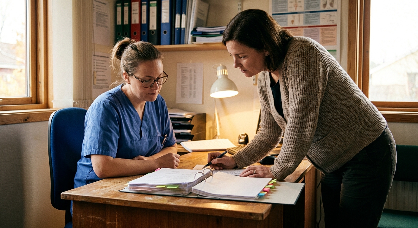 Dentist reviewing practice documents