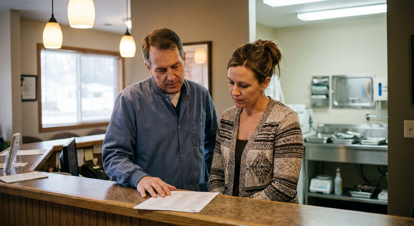 Dentist reviewing practice documents