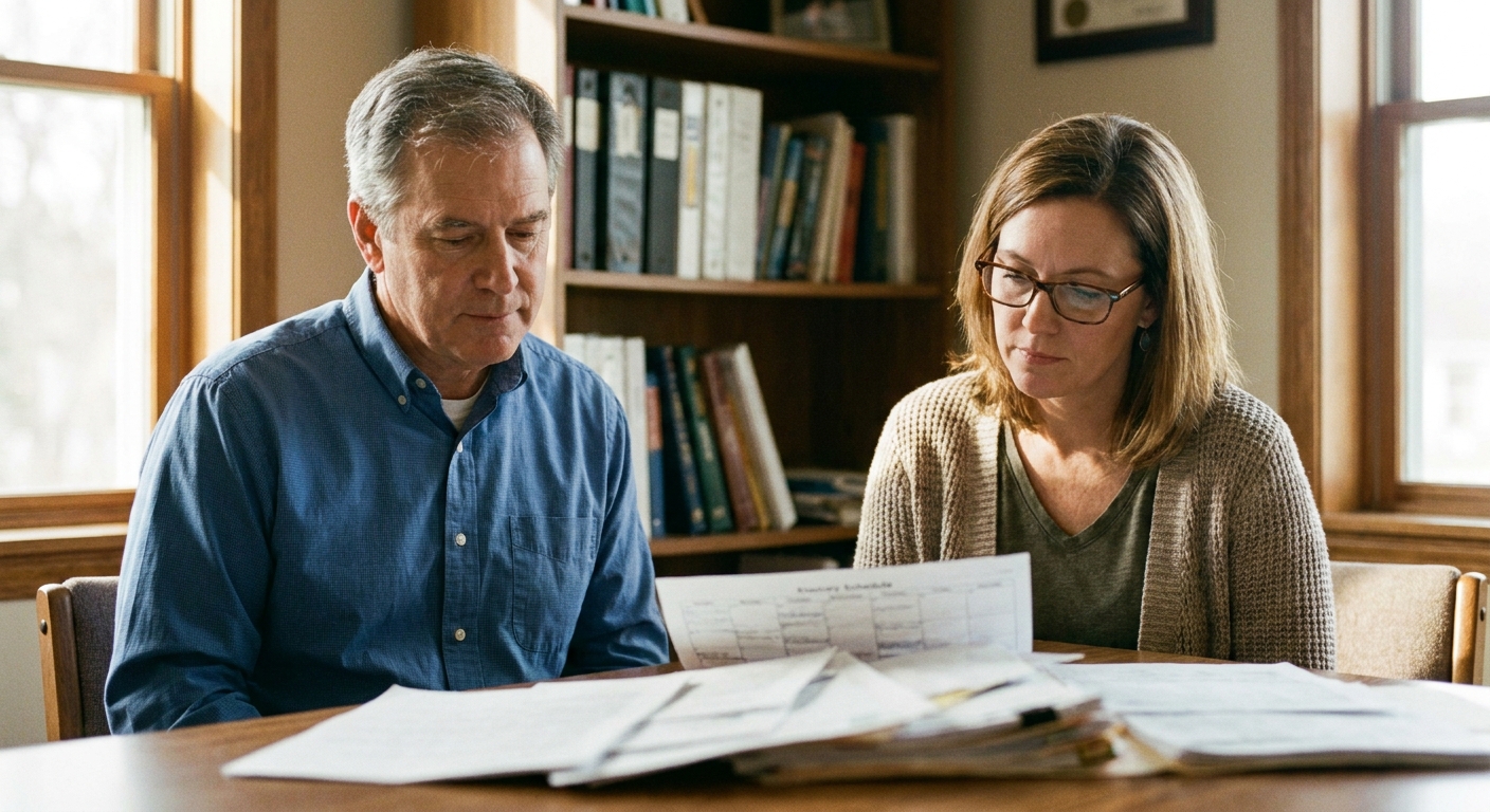 Dentist reviewing practice documents