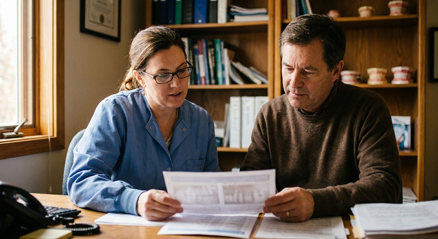 Dentist reviewing practice documents