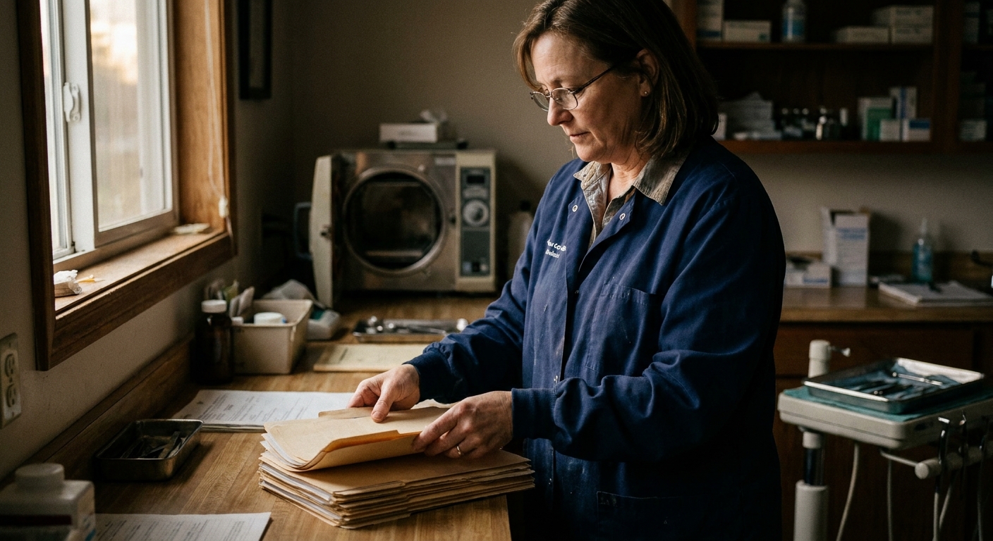 Dentist reviewing practice documents