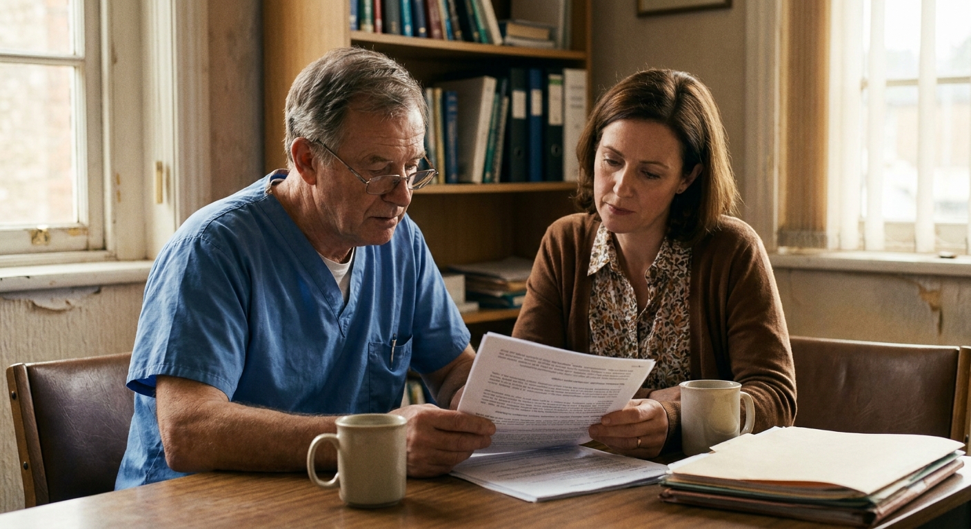 Dentist reviewing practice documents