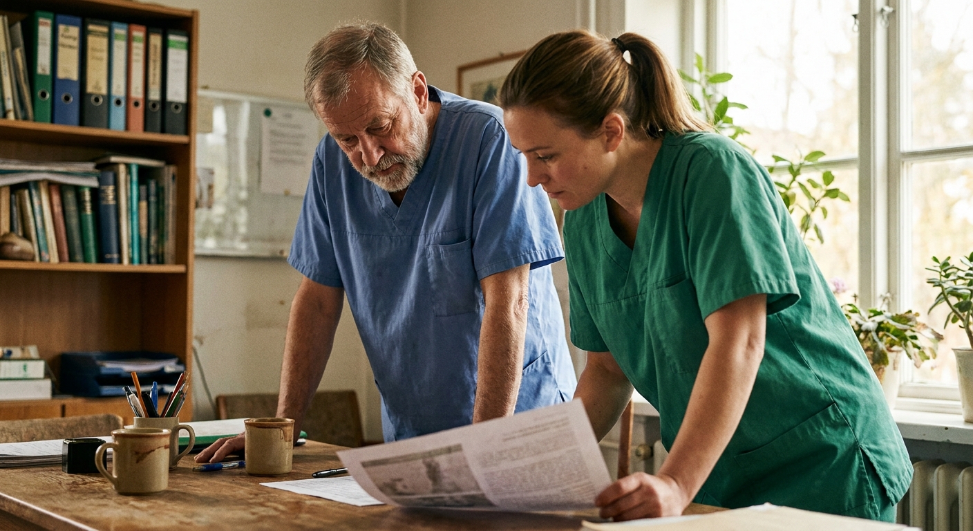 An owner veterinarian (a man in his sixties in scrubs) and his long-time associate (a woman in her late thirties…