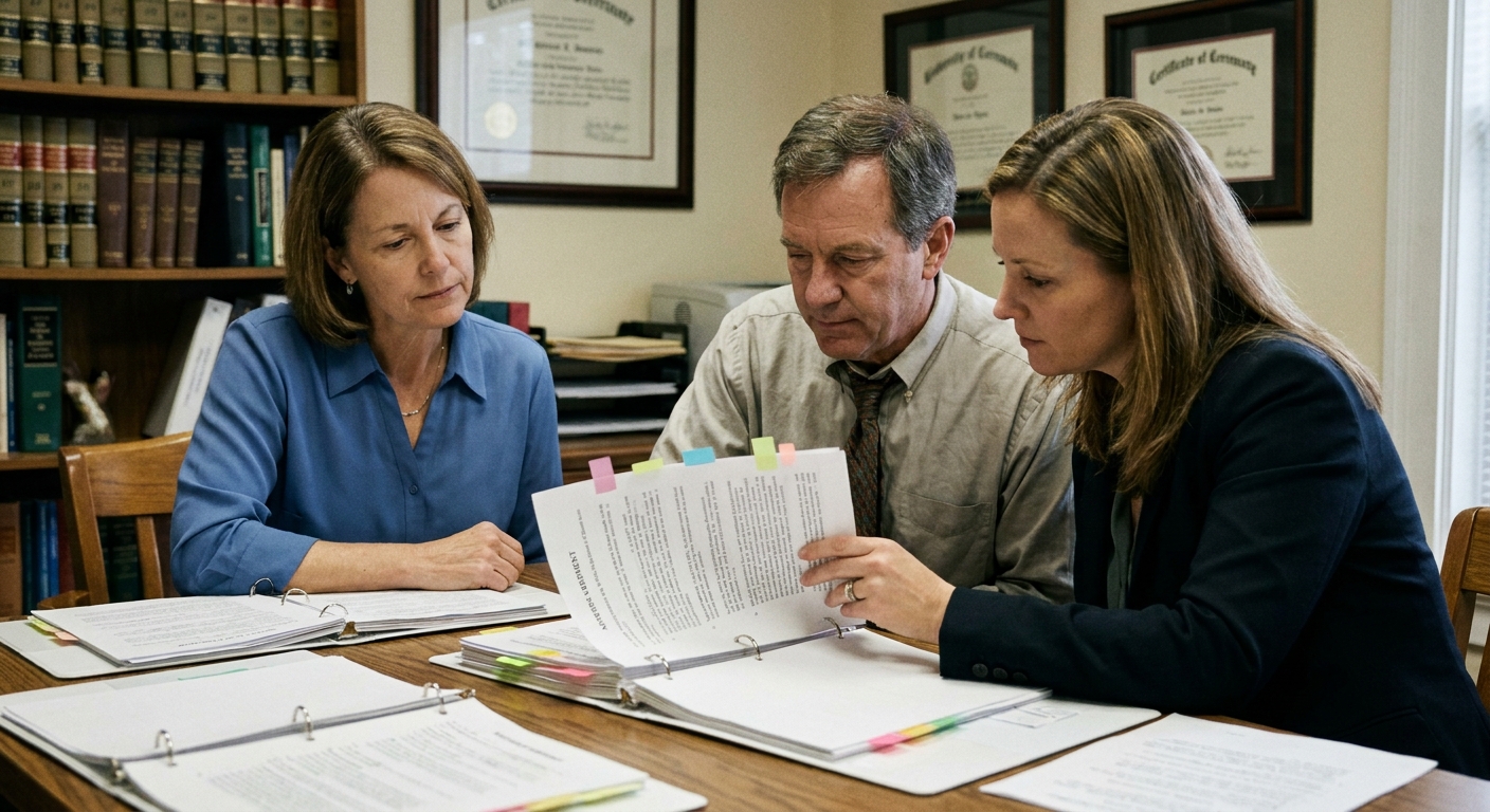 A veterinarian (a woman in her fifties in business-casual) seated between a transaction attorney (a man in his…