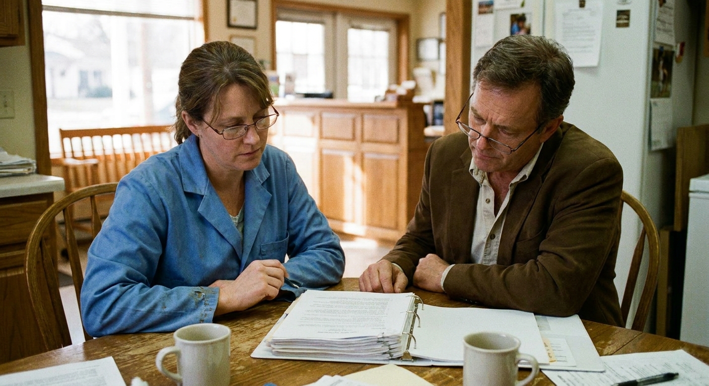 A veterinarian (a woman in her forties in a lab coat) and a sell-side advisor (a man in his fifties in…