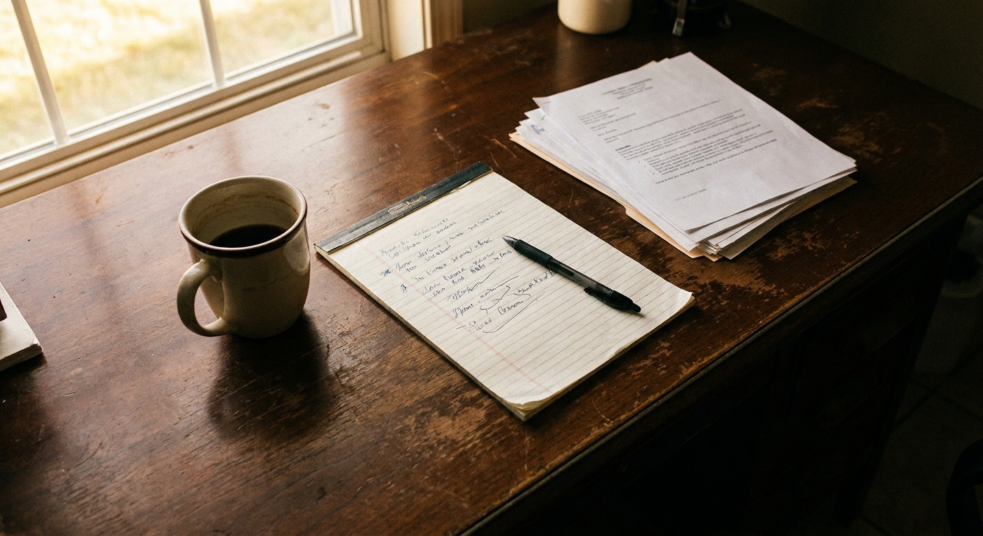Close-up of a desk with a printed agreement set aside face-down, a legal pad with a short handwritten list of…