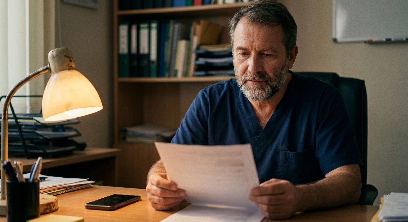 A male veterinarian in his early fifties in scrubs alone at a practice office desk in the evening, looking DOWN at…