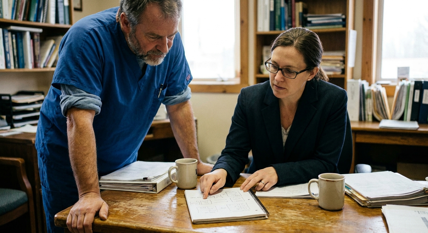 A veterinarian (a man in his fifties in scrubs) and a transaction attorney (a woman in her forties in a blazer) at…
