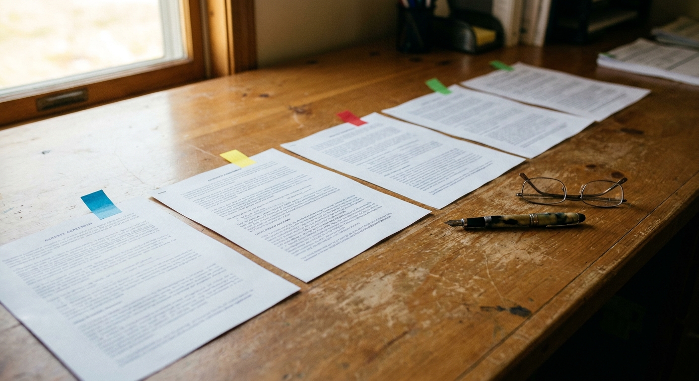 Close-up of a worktable with several separate printed agreements laid in a row, each with a different colored…