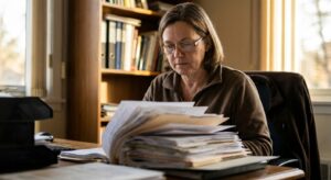 A woman veterinarian in her early fifties in business-casual at an office desk, looking DOWN at a printed…