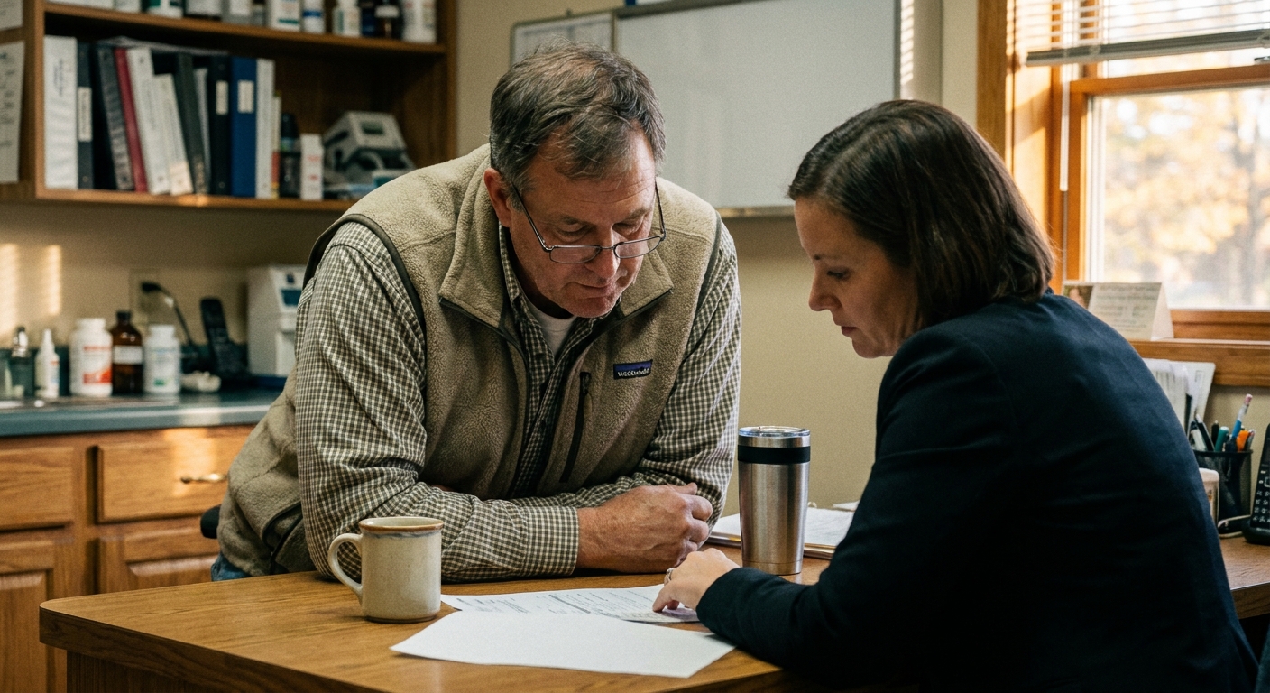 A veterinarian (a man in his fifties in business-casual) and a sell-side advisor (a woman in her forties) at a…