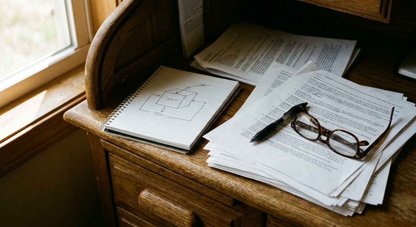 Close-up of a desk with a printed multi-page overview, a notepad with a simple hand-drawn box-and-line sketch (no…