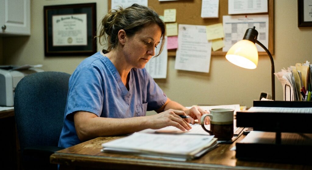 A woman veterinarian in her early fifties in scrubs at an office desk in the evening, looking DOWN at a printed…