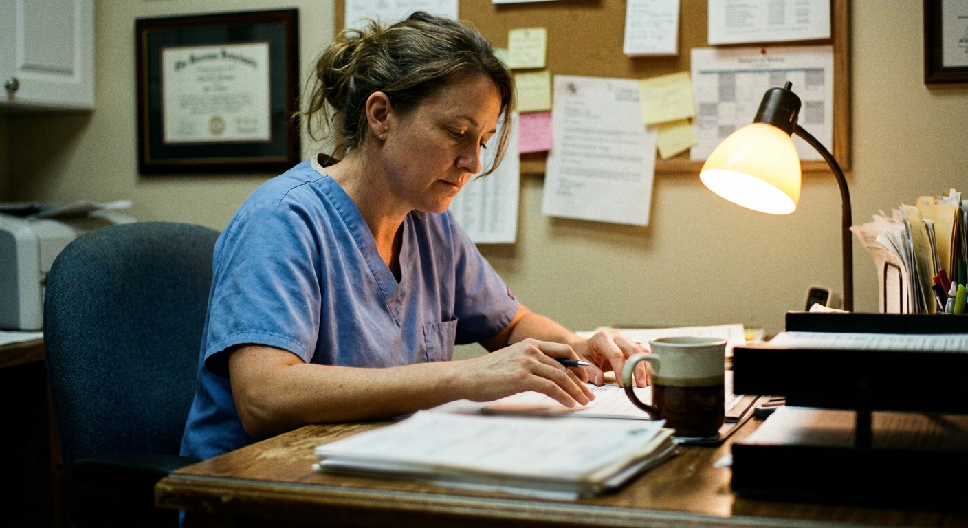 A woman veterinarian in her early fifties in scrubs at an office desk in the evening, looking DOWN at a printed…