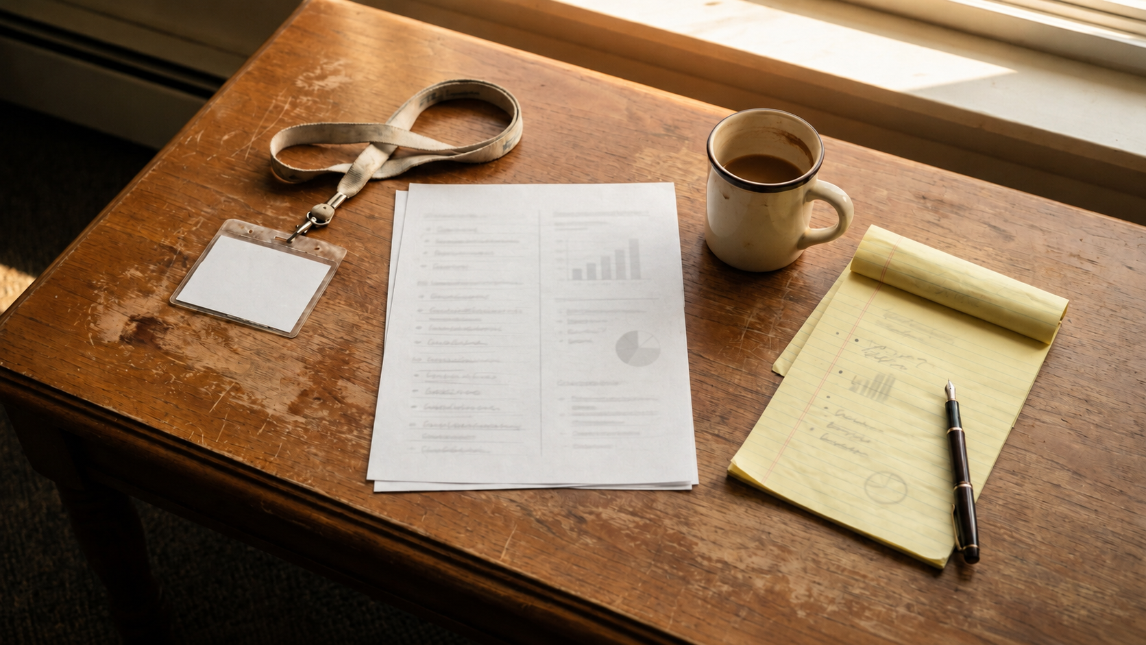 Comparison notes, a notebook, and coffee on a wooden table