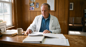 A veterinarian comparing two document folders at the practice reception counter