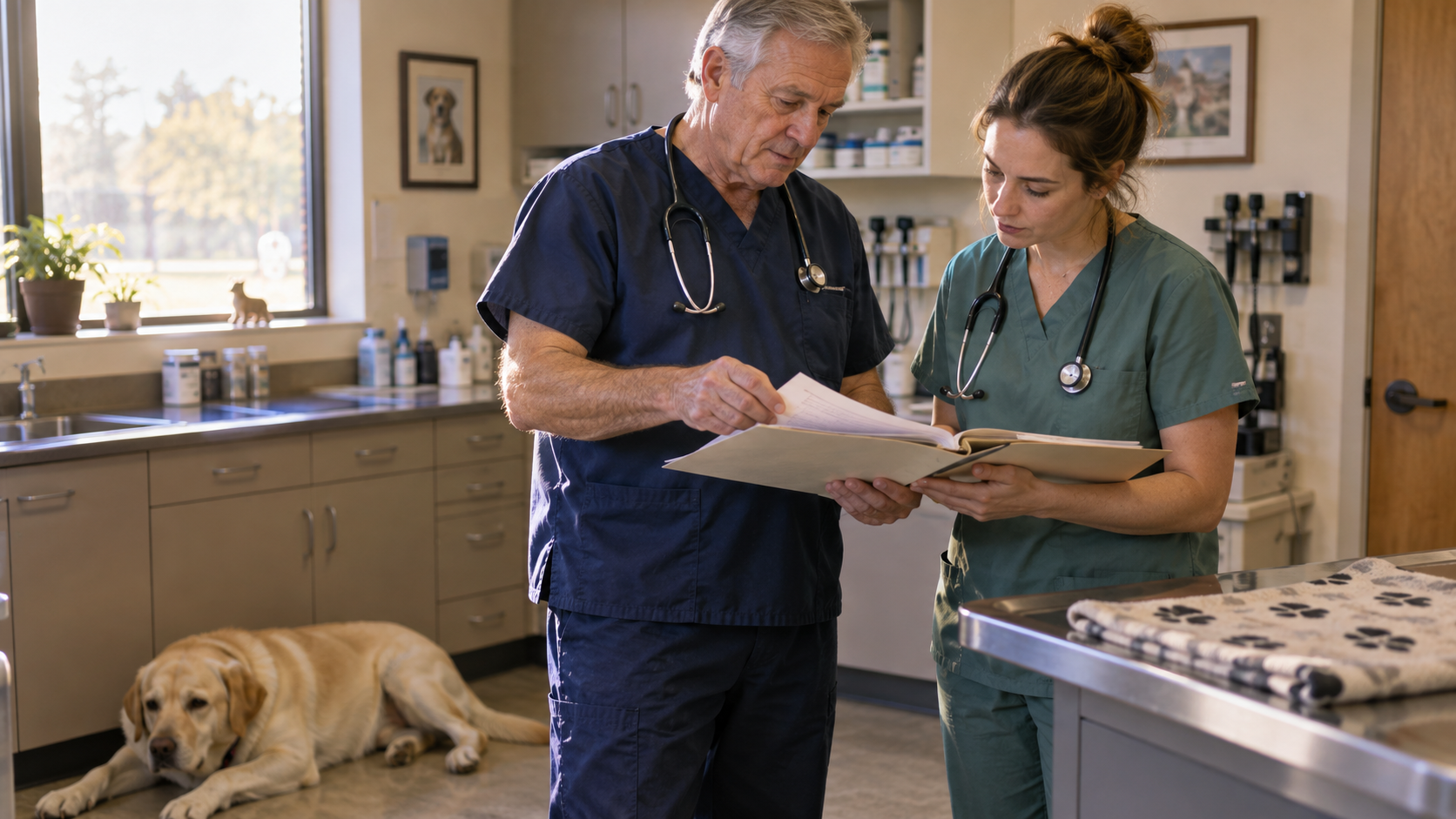 An owner veterinarian and an associate reviewing a patient chart in an exam room