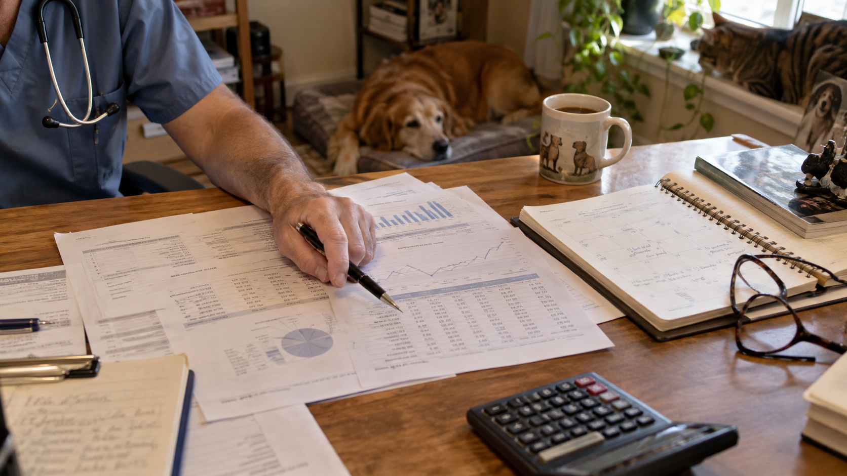 A veterinarian reviewing financial reports beside a calendar, calculator, and reading glasses