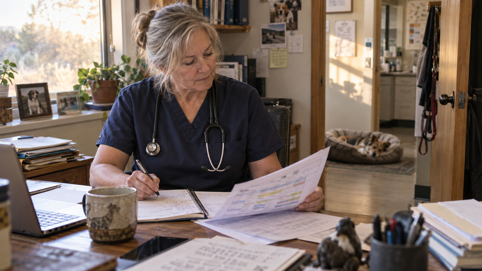 A veterinarian reviewing paperwork at a desk inside a veterinary hospital