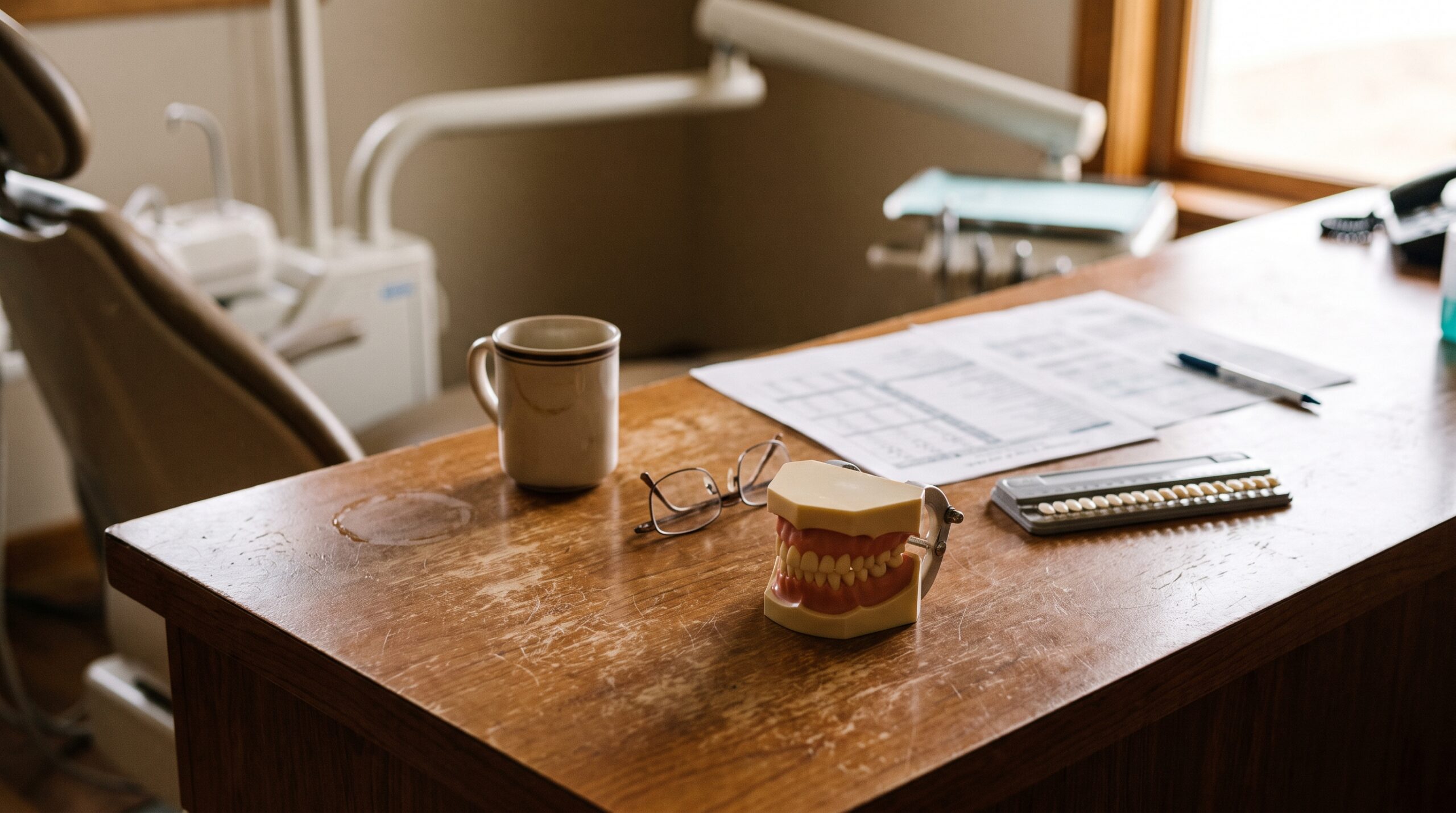Dental practice financial records on a desk