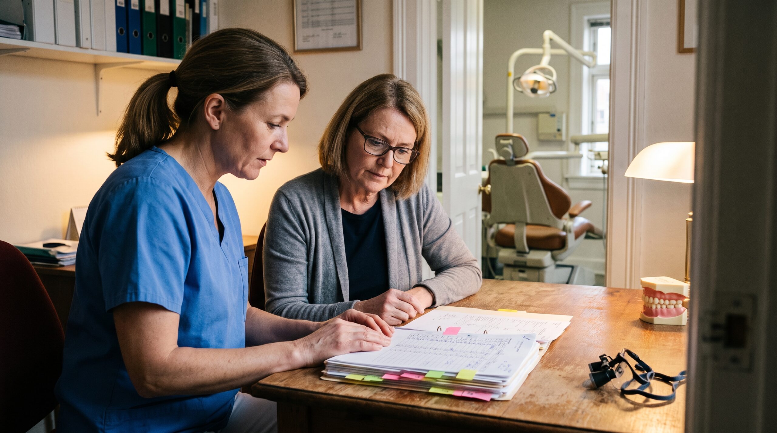 Dentist reviewing practice documents