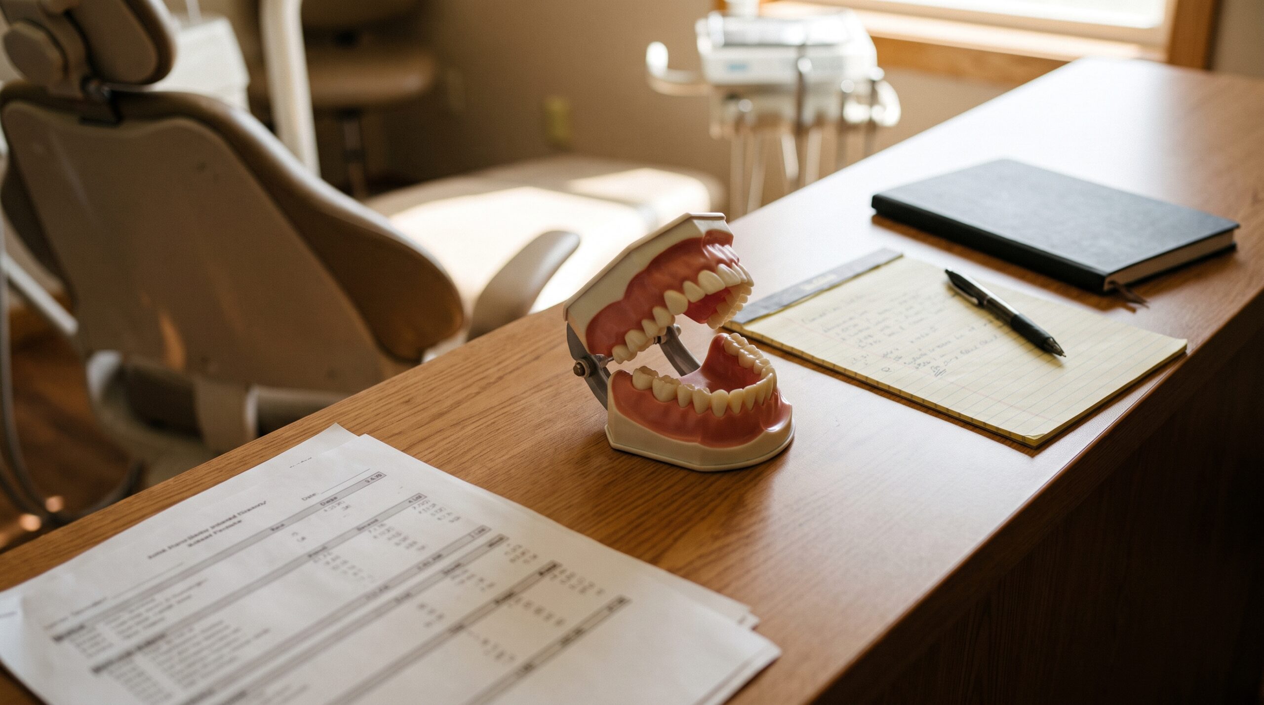 Dental practice financial records on a desk
