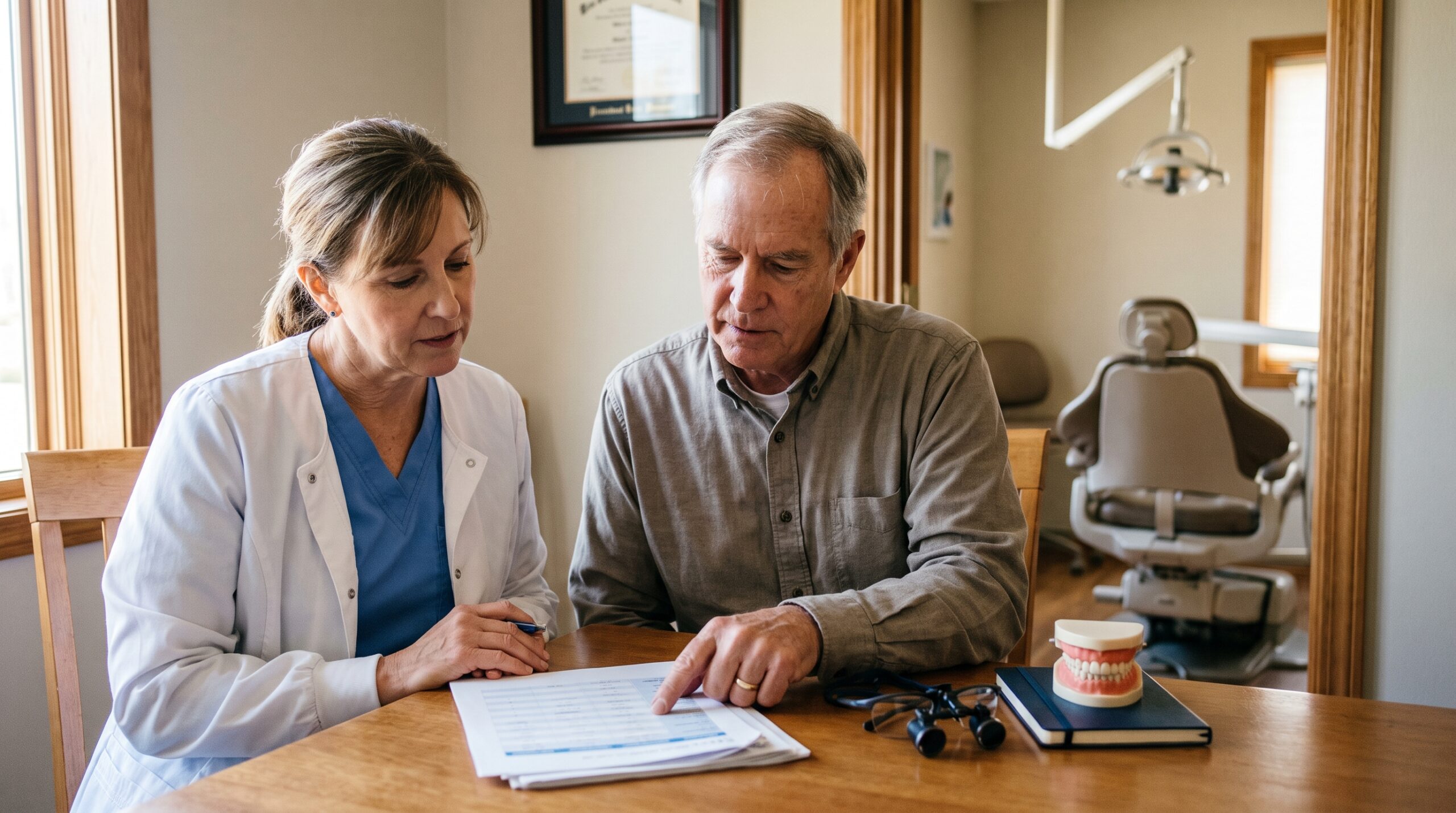 Dentist reviewing practice documents