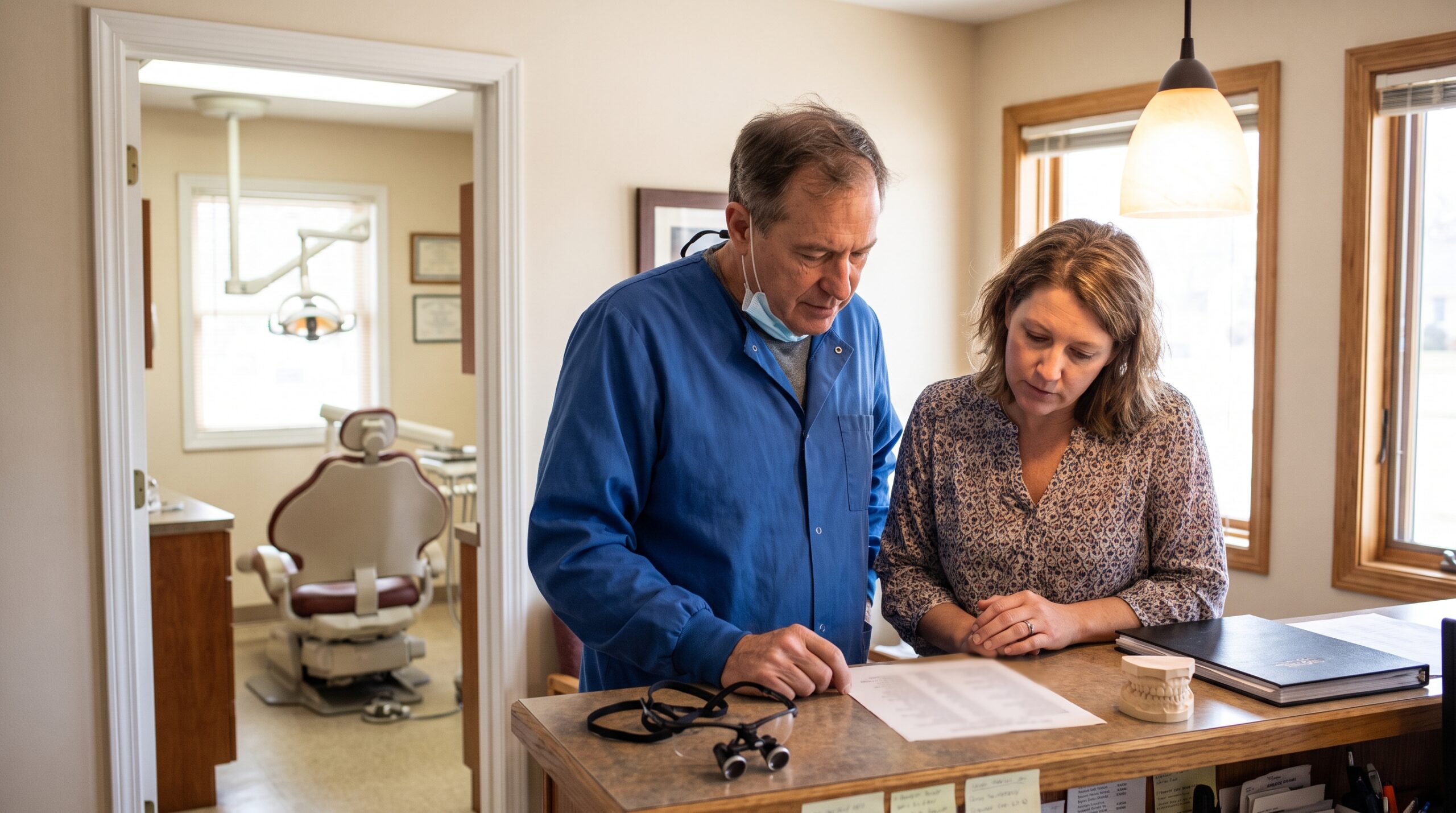 Dentist reviewing practice documents