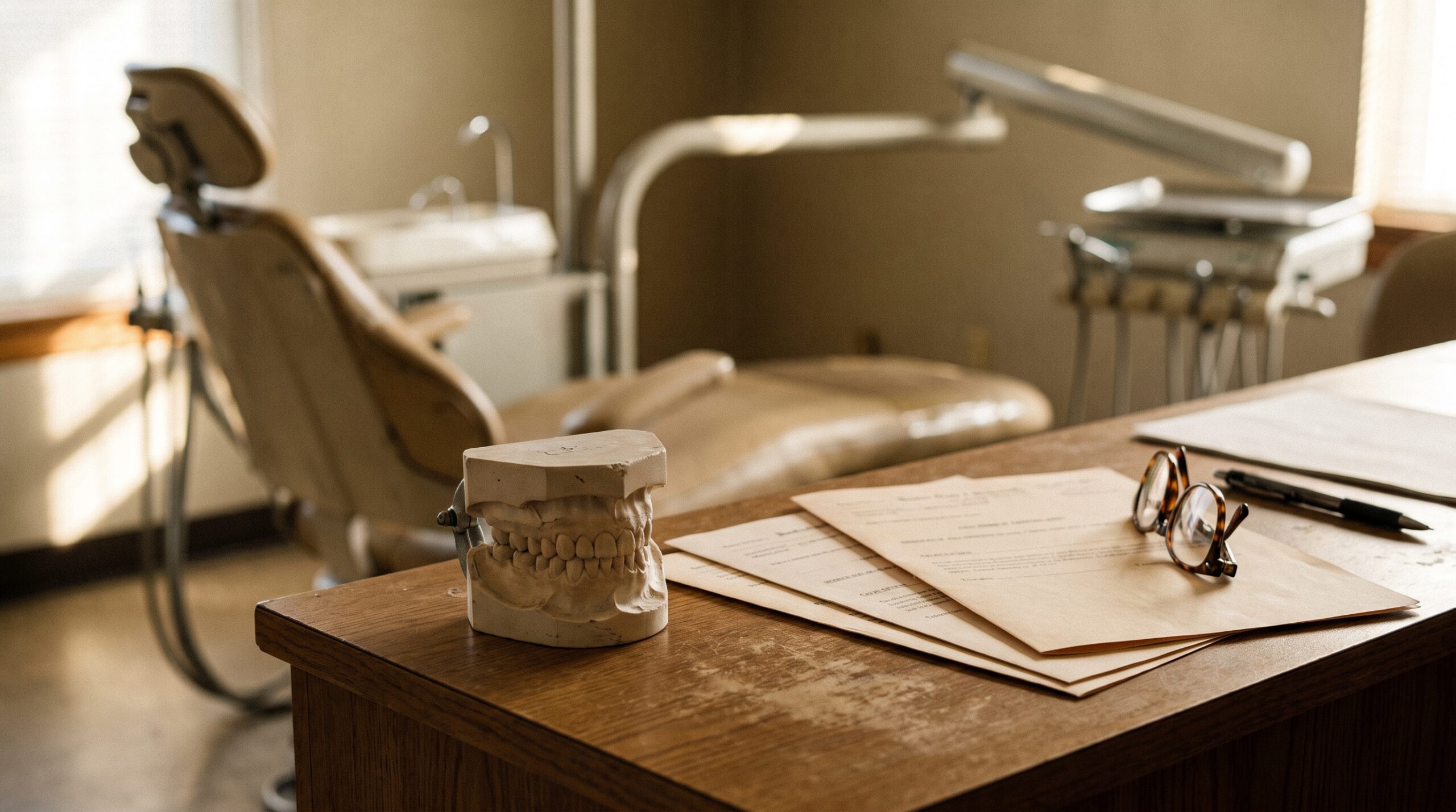 Dental practice financial records on a desk