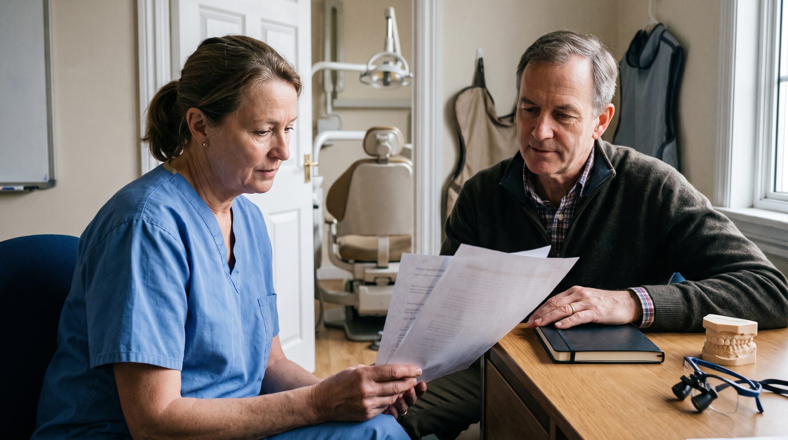 Dentist reviewing practice documents