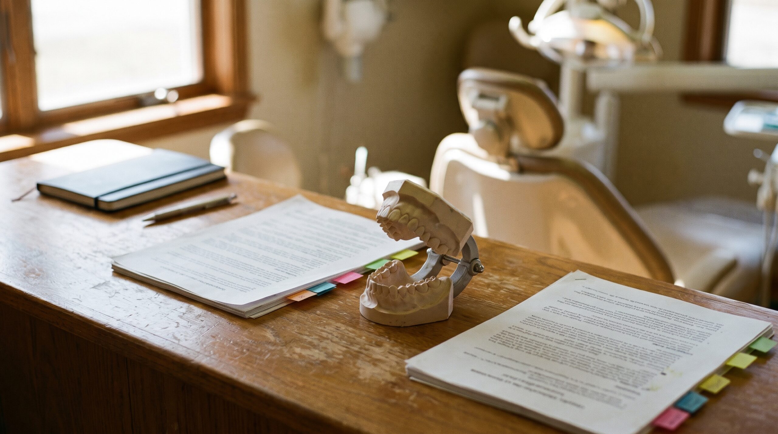 Dental practice financial records on a desk