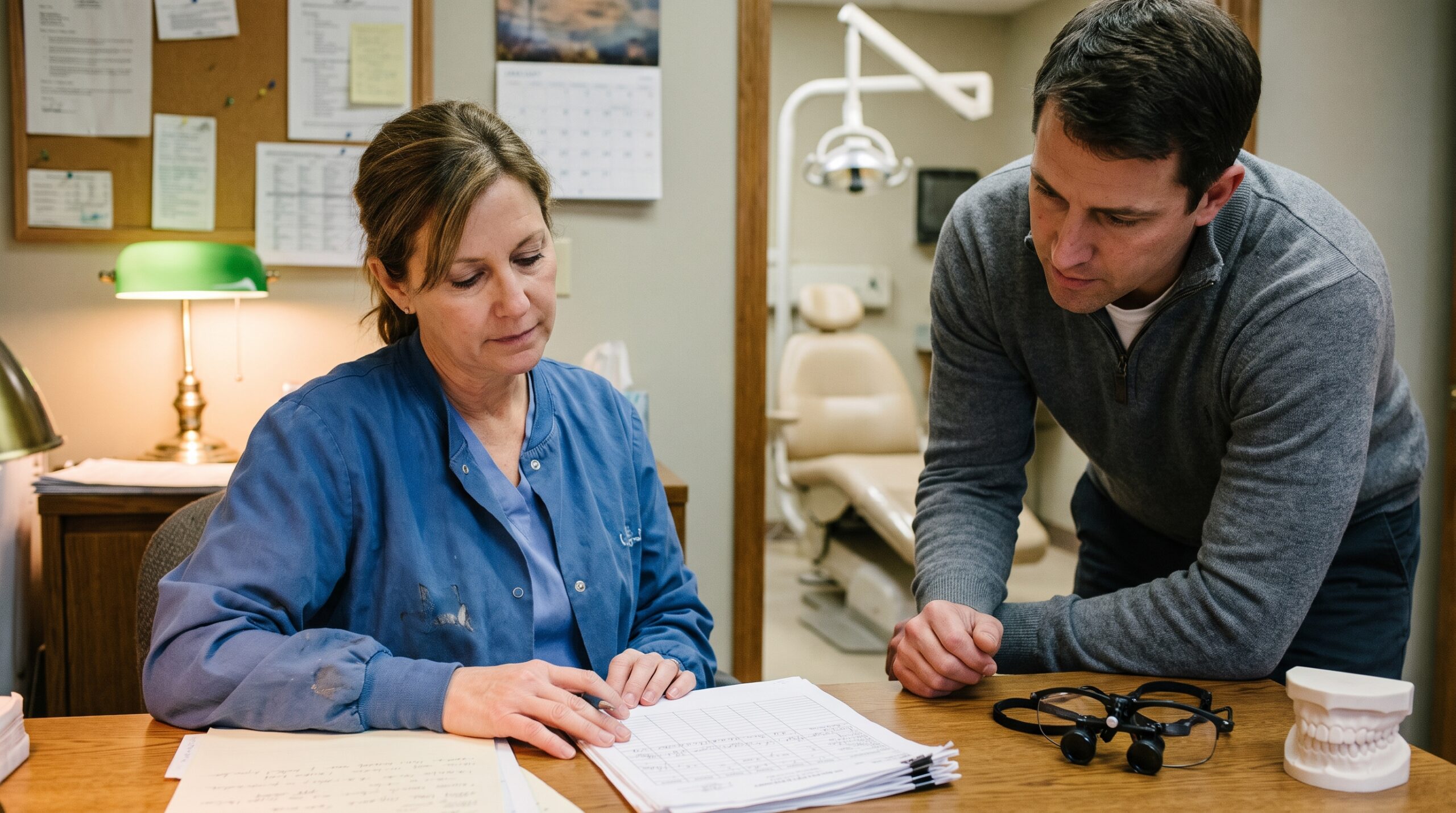 Dentist reviewing practice documents