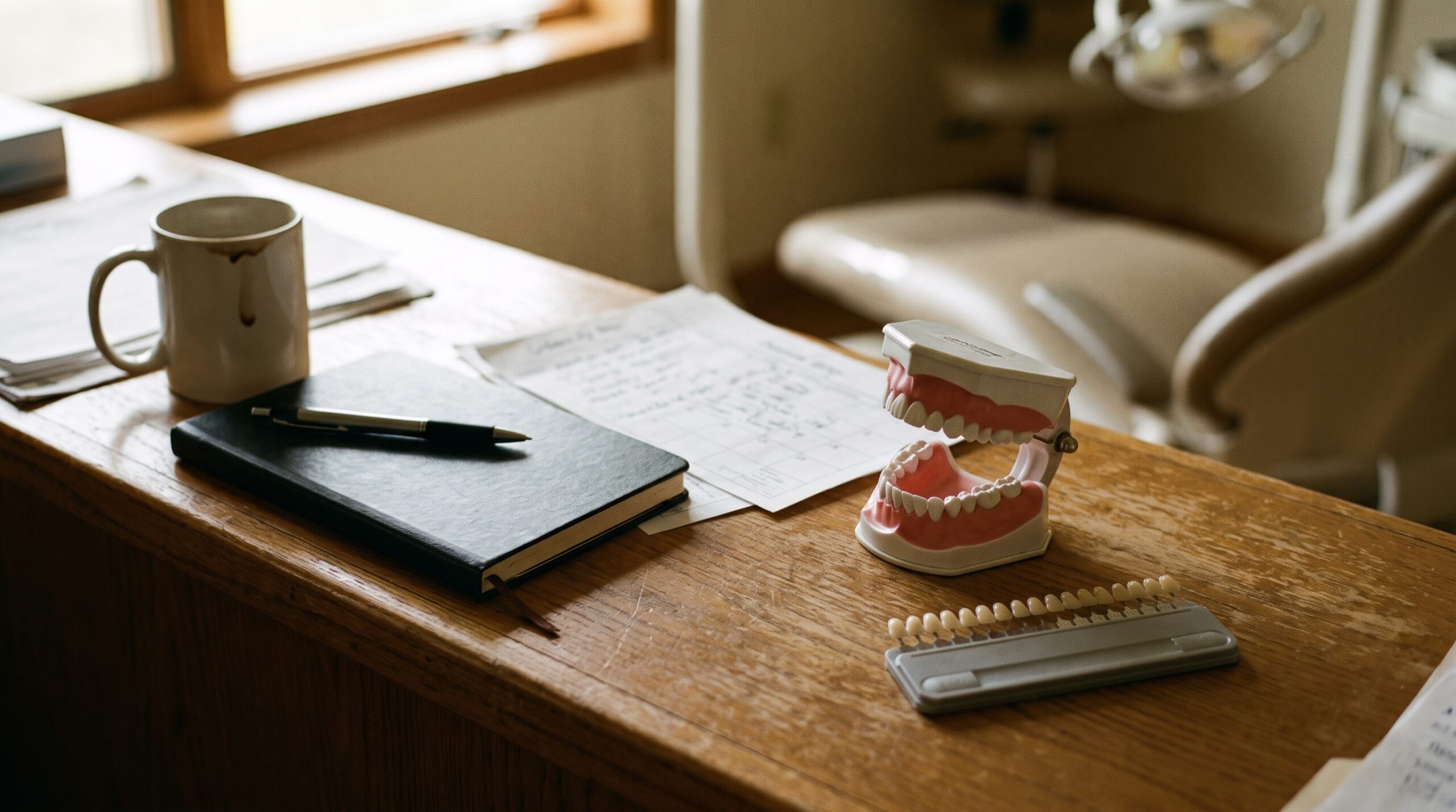 Dental practice financial records on a desk