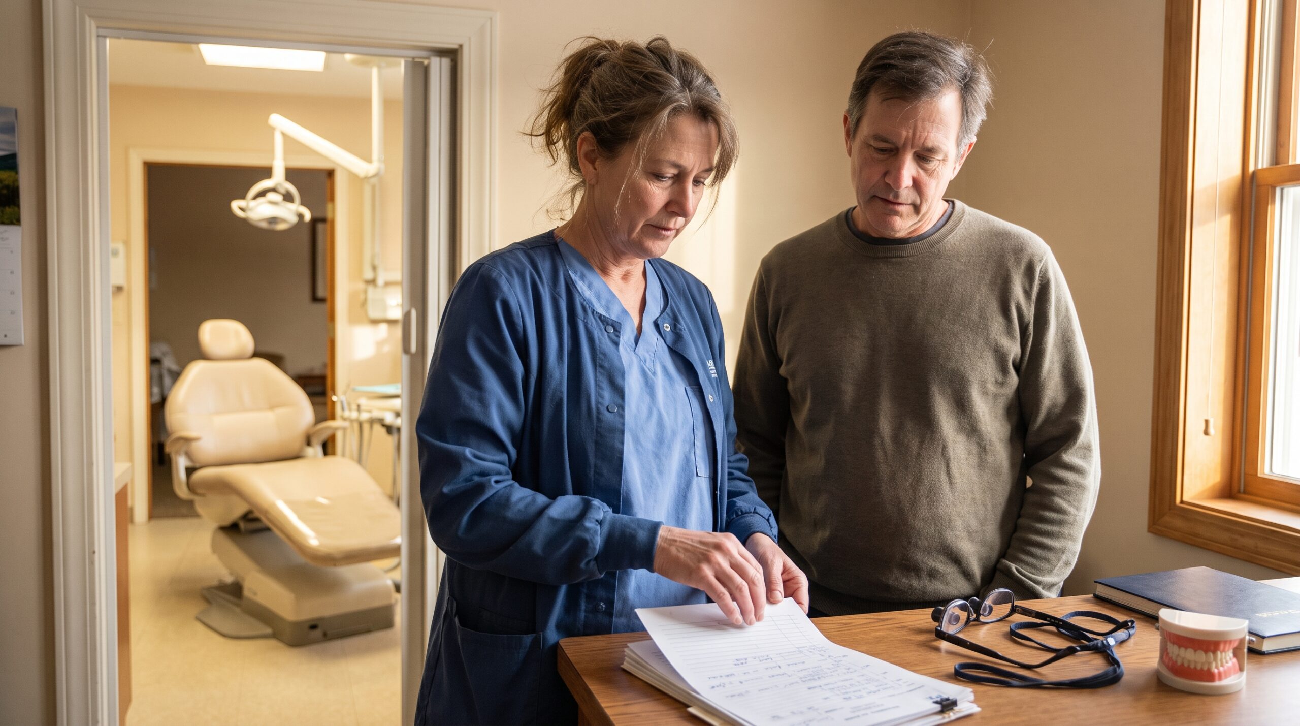 Dentist reviewing practice documents