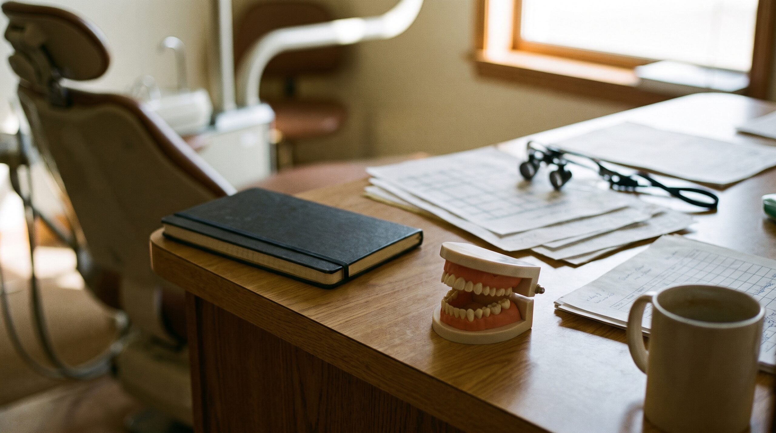 Dental practice financial records on a desk