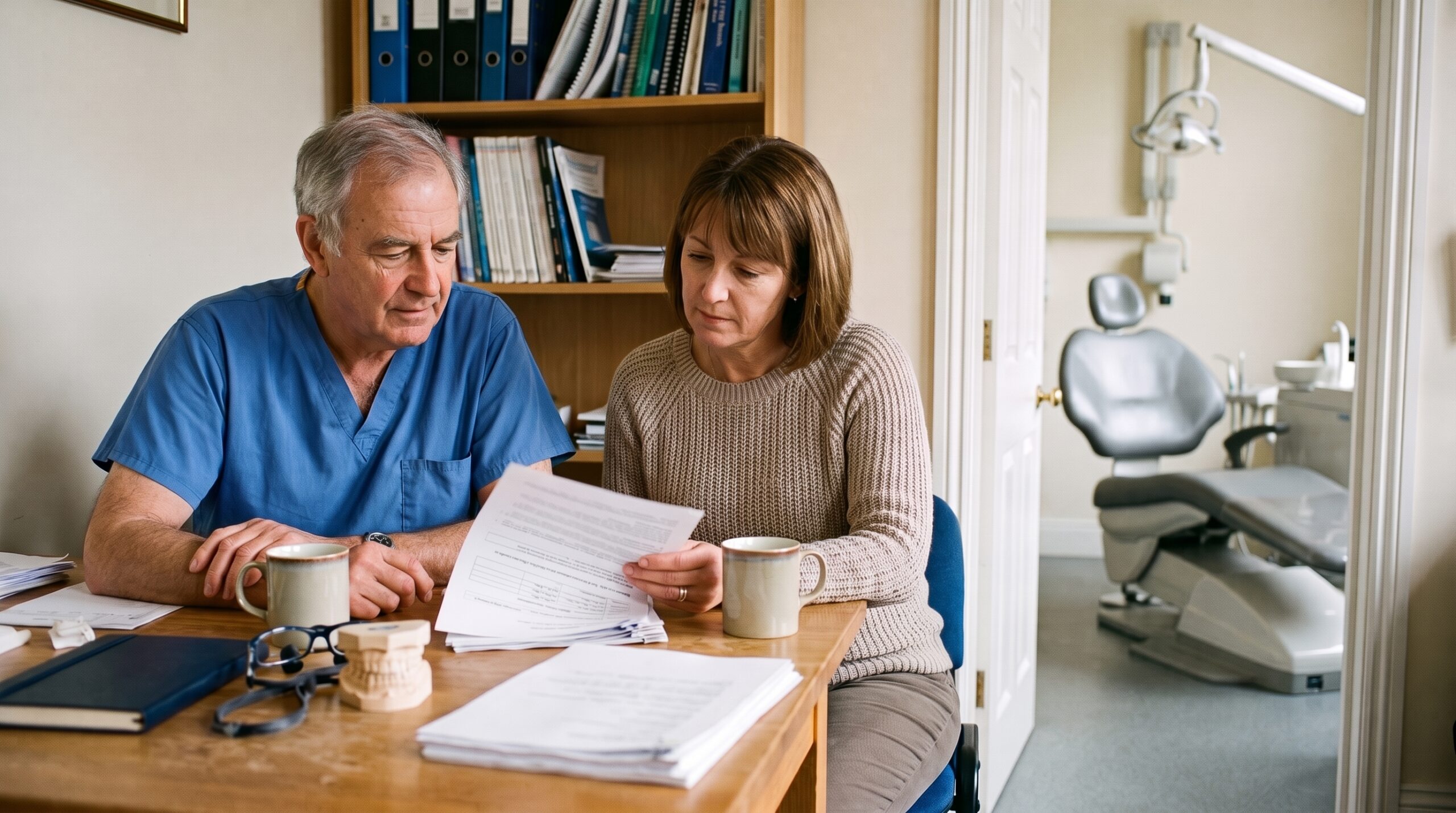 Dentist reviewing practice documents